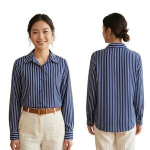 CHAUS & Co Career Wear Bold Vertical Stripes Classic Button Down Blouse Sz 10